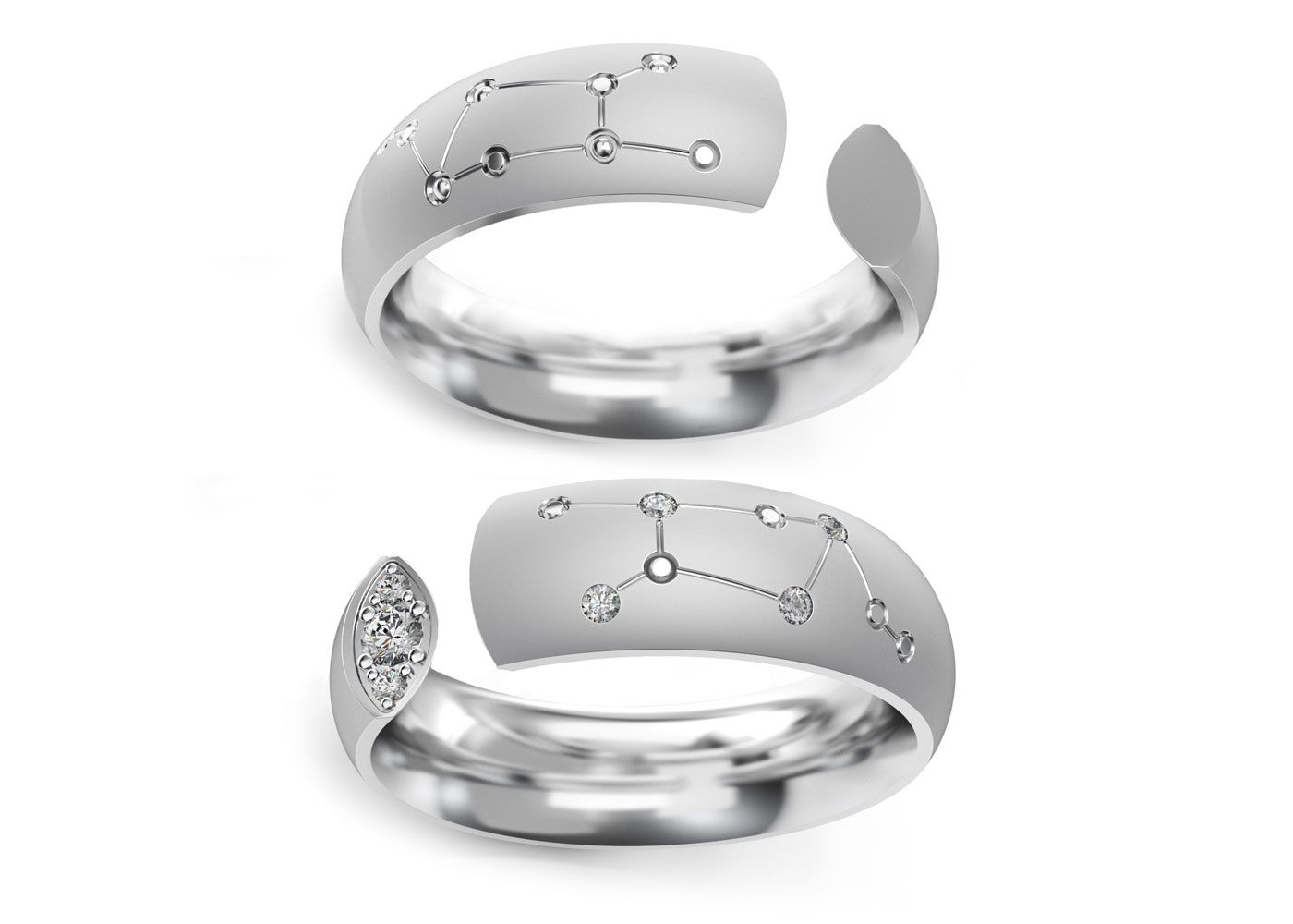 Two Virgo inspired silver rings from the Zodiac Collection on white background