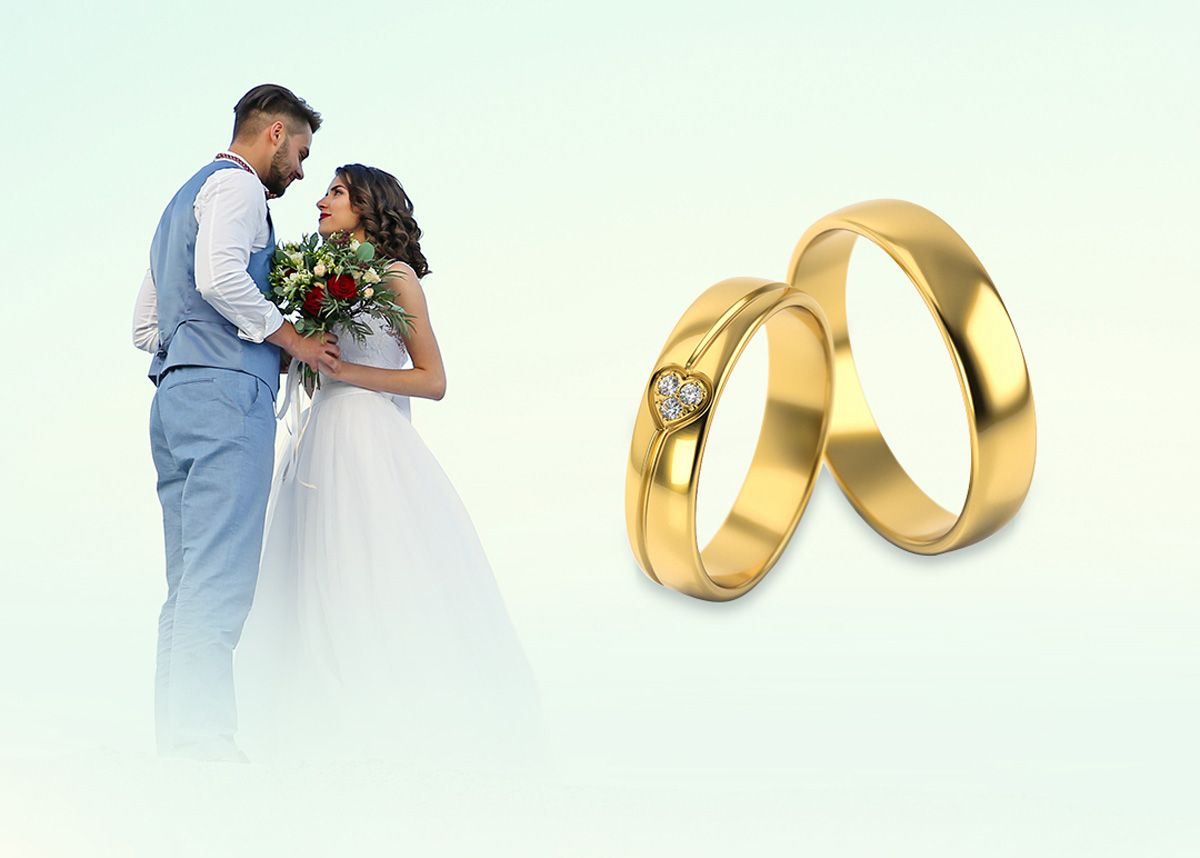 A collage image of a couple getting married alongside their custom engagement rings